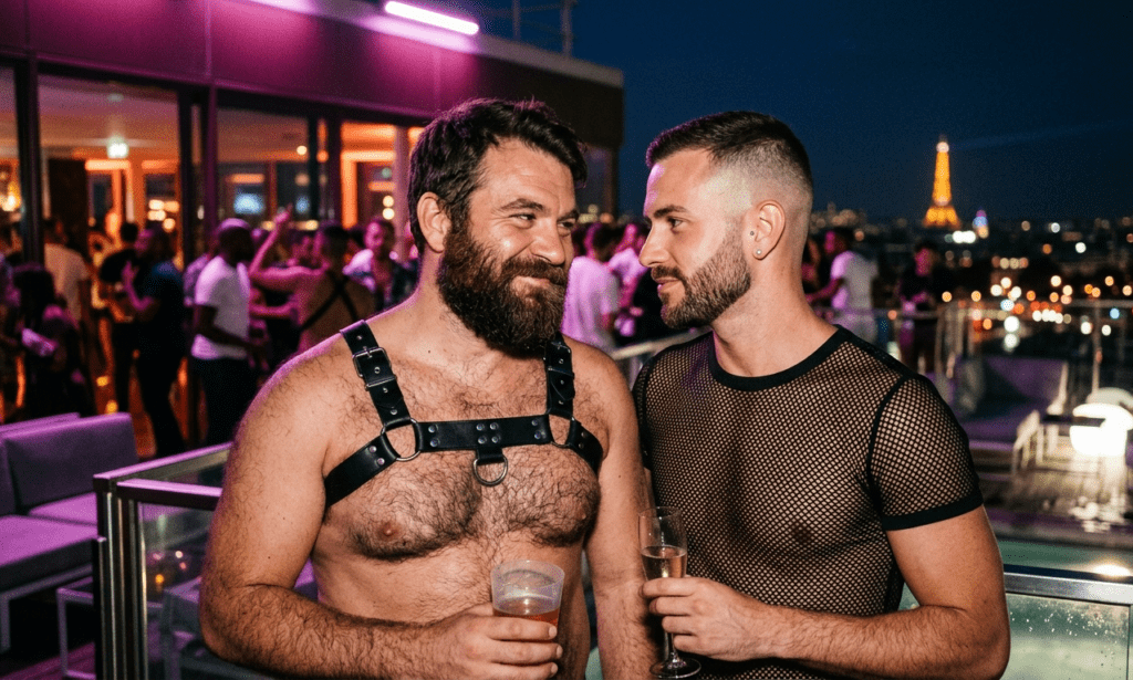 Pièces clés du look bear – harnais cuir et top résille portés par deux bears