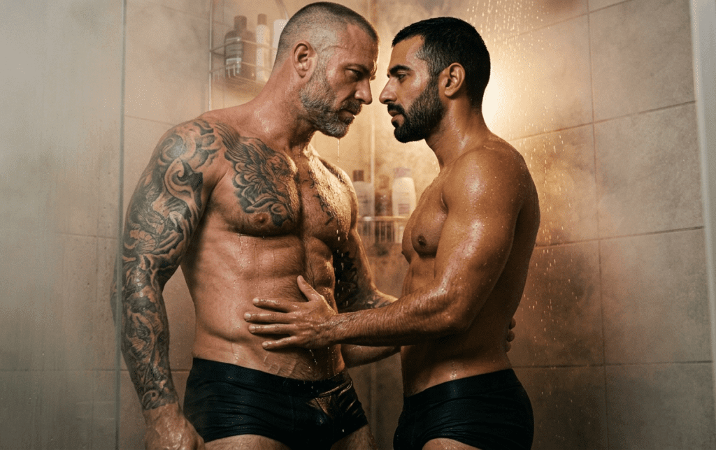 Rencontre gay viril – deux hommes musclés et tatoués face à face sous la douche