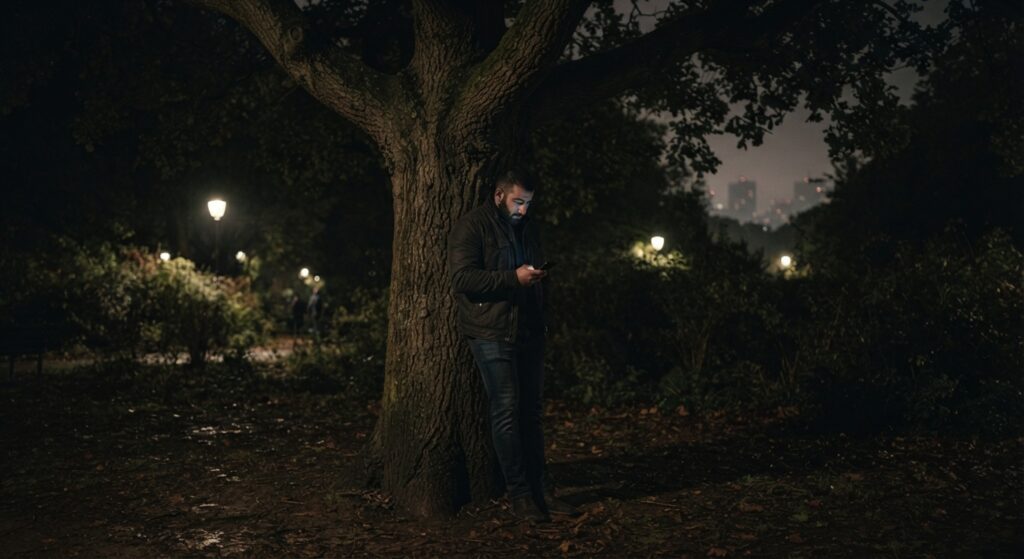 Homme barbu debout dans un parc de nuit, consultant son téléphone sous une lumière tamisée, dans une ambiance urbaine et mystérieuse.
