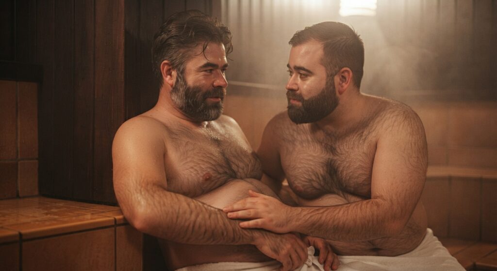Deux hommes barbus et corpulents, assis très proches l’un de l’autre dans un sauna chaleureux et embué.